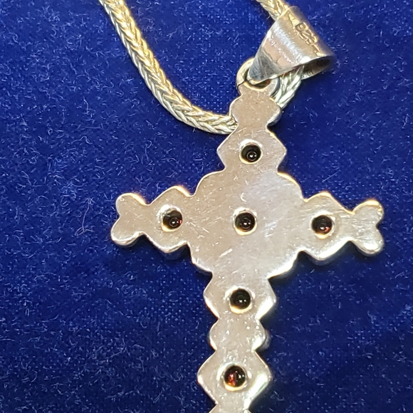 Sterling Silver Ornate Garnet Cross Necklace - Picture 11 of 16